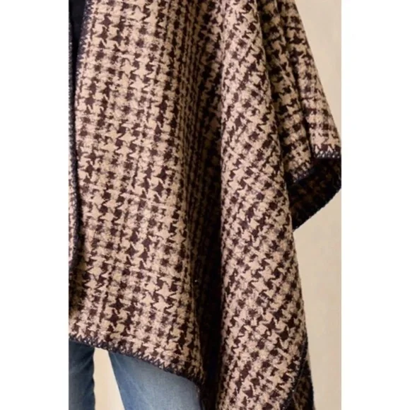Mocha Brown Houndstooth Knit Shawl Open Poncho Wrap Casual Fall Winter One Size - Picture 6 of 6